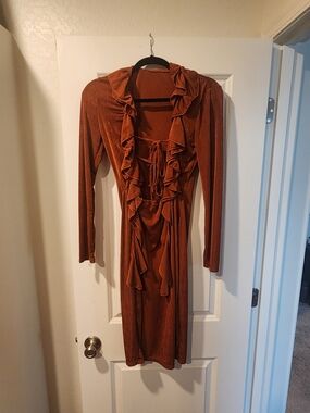 Women's Rust Ruffle Front Long Sleeve Dress
